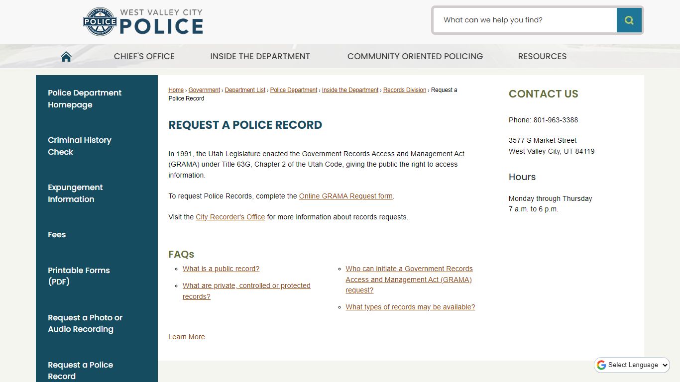 Request a Police Record | West Valley City, UT - Official Site