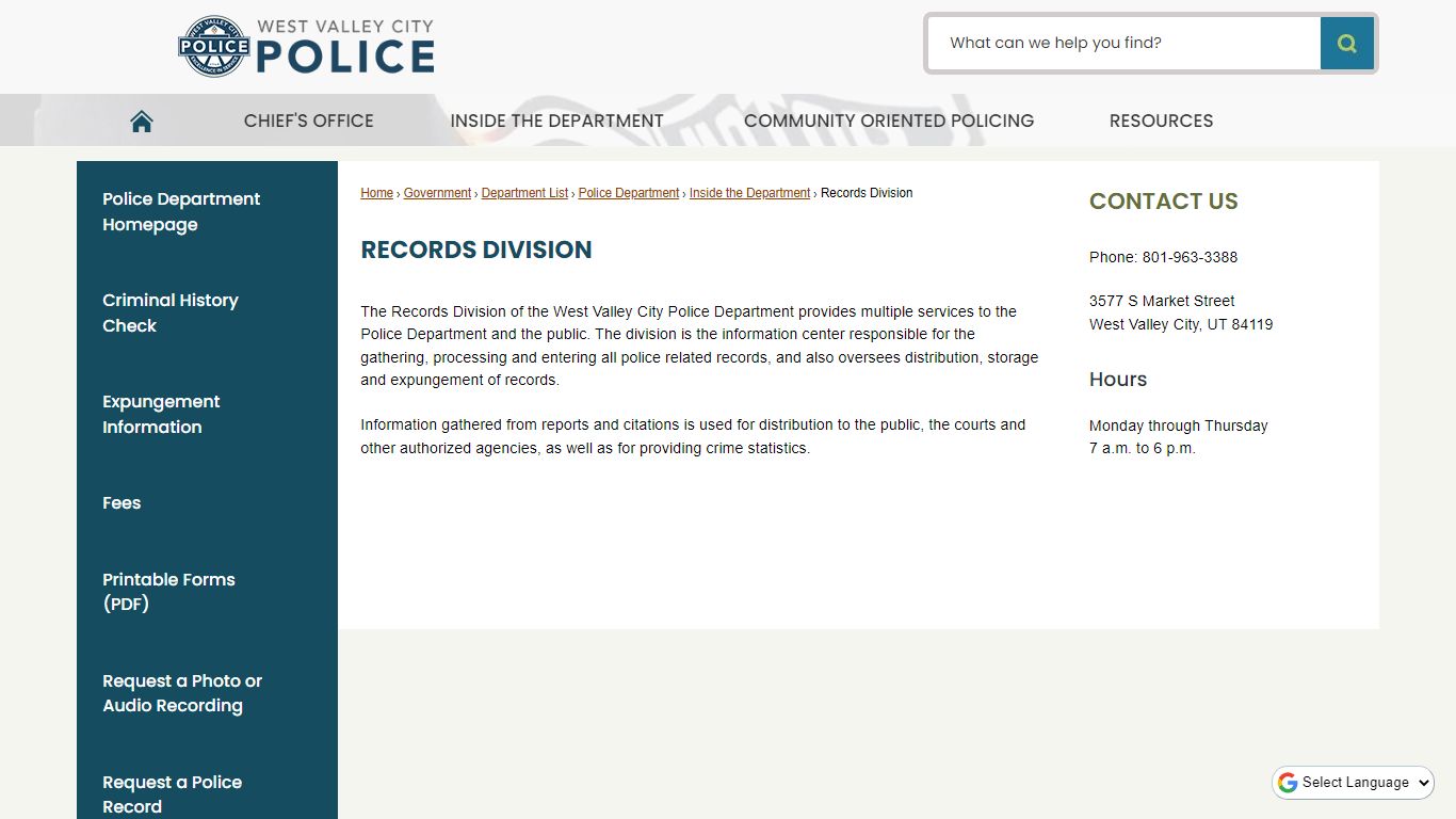 Records Division | West Valley City, UT - Official Site