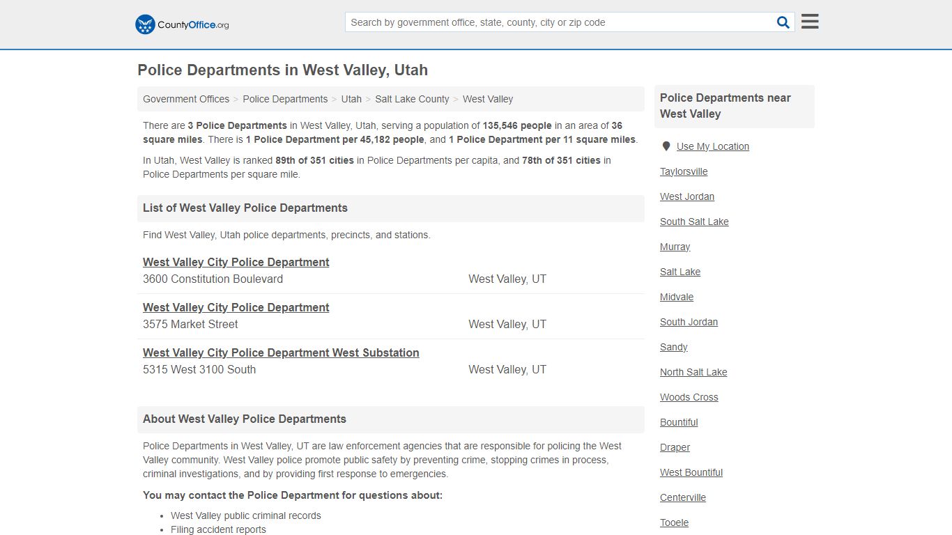 West Valley, UT (Arrest Records & Police Logs) - County Office